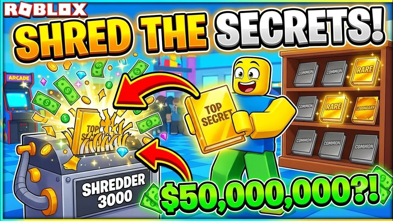 Shred the Secrets character holding a Top Secret book near a shredder